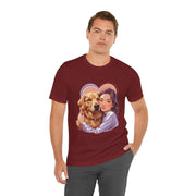 Heartwarming dog lover tee featuring a man with a golden retriever, showcasing love for pets and casual style.