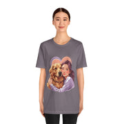 Heartwarming dog lover tee featuring a woman embracing a golden retriever, perfect for pet parents.