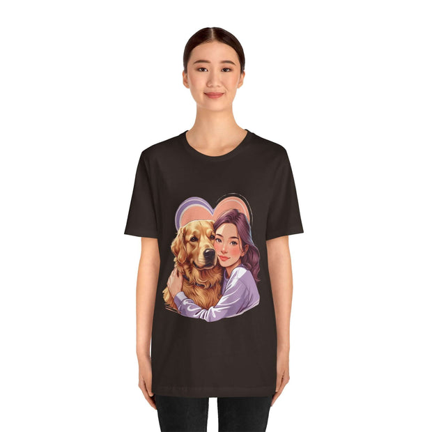 Heartwarming dog lover tee featuring a woman hugging a golden retriever, perfect for pet parents and casual wear.
