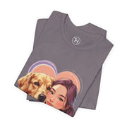Heartwarming dog lover tee featuring a graphic of a girl and golden retriever, perfect for casual wear and pet lovers.