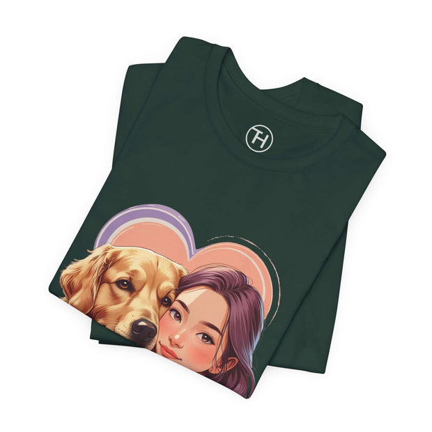 Heartwarming dog lover tee featuring a graphic of a woman and her dog, perfect for casual wear.
