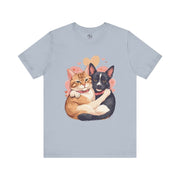 Cute pet lovers tee featuring a cat and dog embracing, perfect for casual wear and showcasing love for animals.
