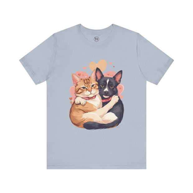 Cute pet lovers tee featuring a cat and dog embracing, perfect for casual wear and showcasing love for animals.