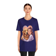 Unisex Heartwarming Dog Lover Tee featuring a woman with a golden retriever in a heart design.