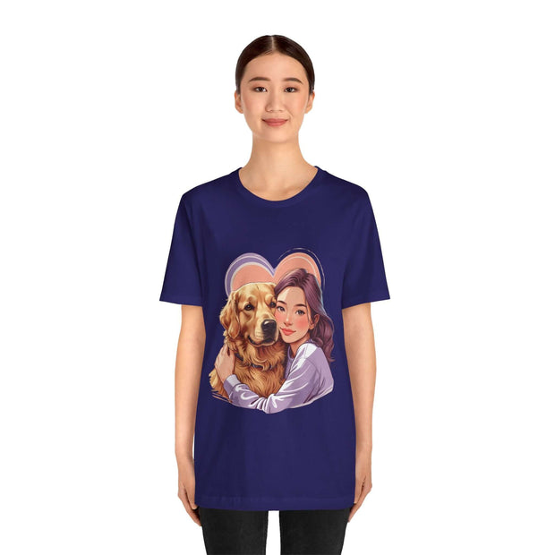 Unisex Heartwarming Dog Lover Tee featuring a woman with a golden retriever in a heart design.
