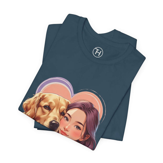 Heartwarming Dog Lover Tee featuring a dog and girl illustration, perfect for casual style and dog enthusiasts.