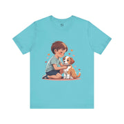 Cute Kid & Puppy Love T-Shirt featuring a boy cuddling a puppy with hearts, perfect for dog lovers and casual wear.