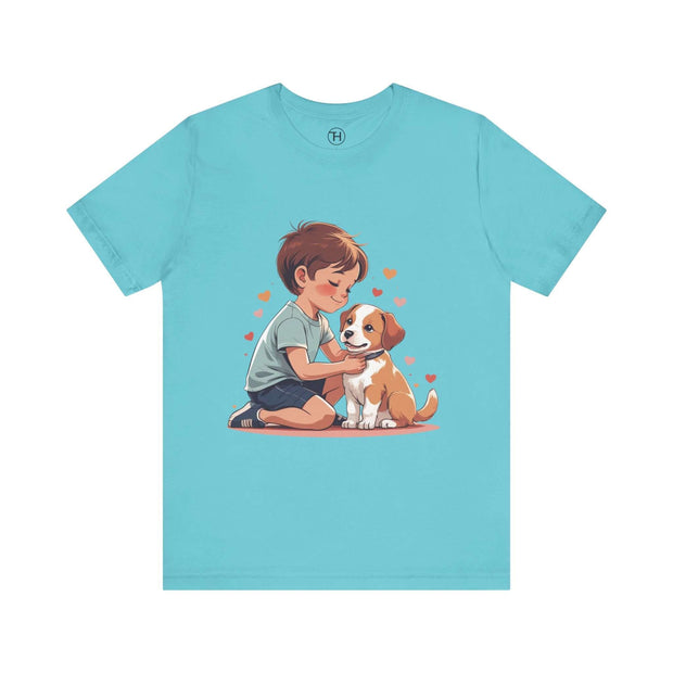 Cute Kid & Puppy Love T-Shirt featuring a boy cuddling a puppy with hearts, perfect for dog lovers and casual wear.