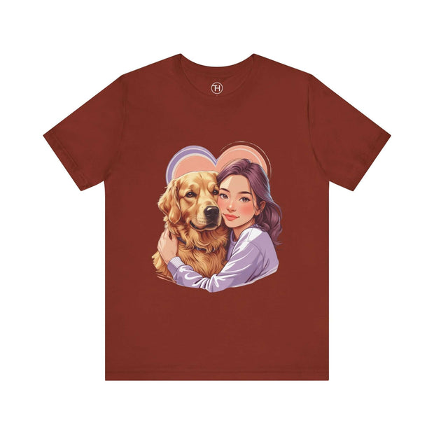 Heartwarming dog lover tee featuring a woman hugging a golden retriever on a cozy maroon shirt.