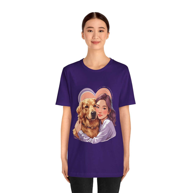 Heartwarming dog lover tee featuring a woman in purple shirt with a golden retriever illustration, perfect for pet enthusiasts.