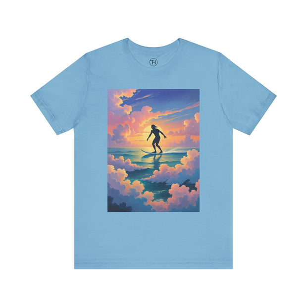 Surfing into the Sunset Tee, Surf Tee, Beach Vibes T-Shirt, Summer Apparel, Gift for Surfers, Adventure Wear