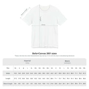 Size chart for Bella+Canvas 3001 t-shirt showing imperial and metric measurements.