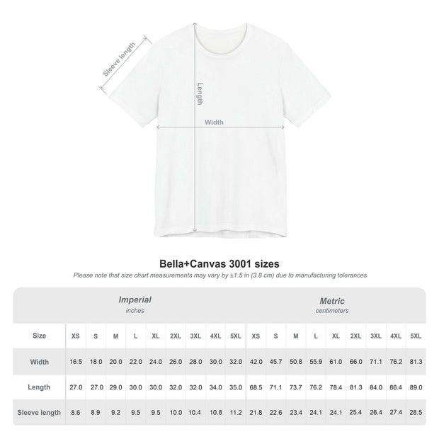 Size chart for Bella+Canvas 3001 t-shirt showing imperial and metric measurements.