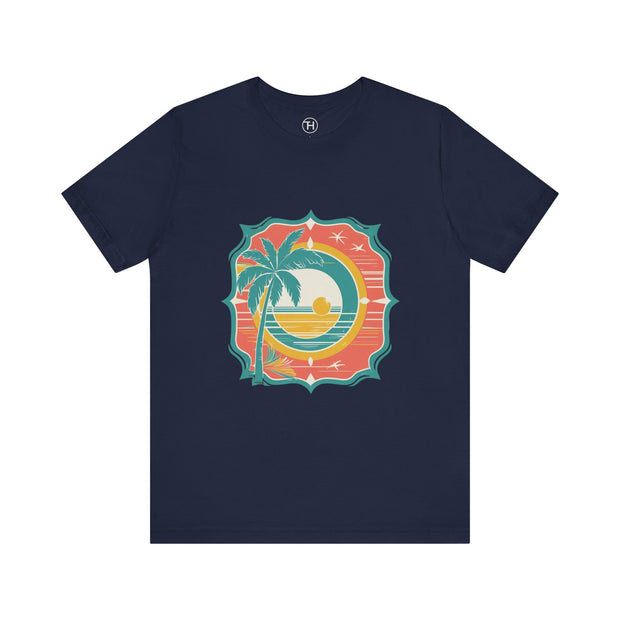 Retro Sunset Palm Tree Tee, Beach Vibes T-Shirt, Casual Summer Shirt, Perfect for Vacations, Gift for Beach Lovers