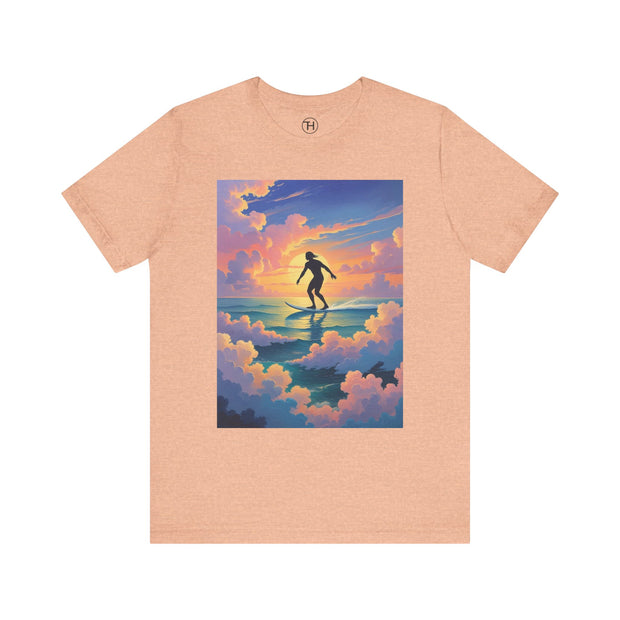 Surfing into the Sunset Tee, Surf Tee, Beach Vibes T-Shirt, Summer Apparel, Gift for Surfers, Adventure Wear