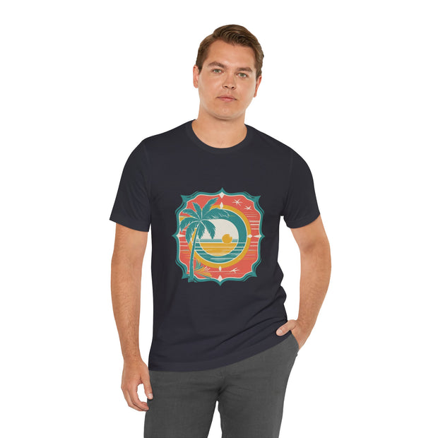 Retro Sunset Palm Tree Tee, Beach Vibes T-Shirt, Casual Summer Shirt, Perfect for Vacations, Gift for Beach Lovers