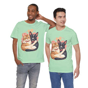 Two young men wearing a cute Pet Lovers Tee featuring illustrated cats and dogs, perfect for animal enthusiasts.