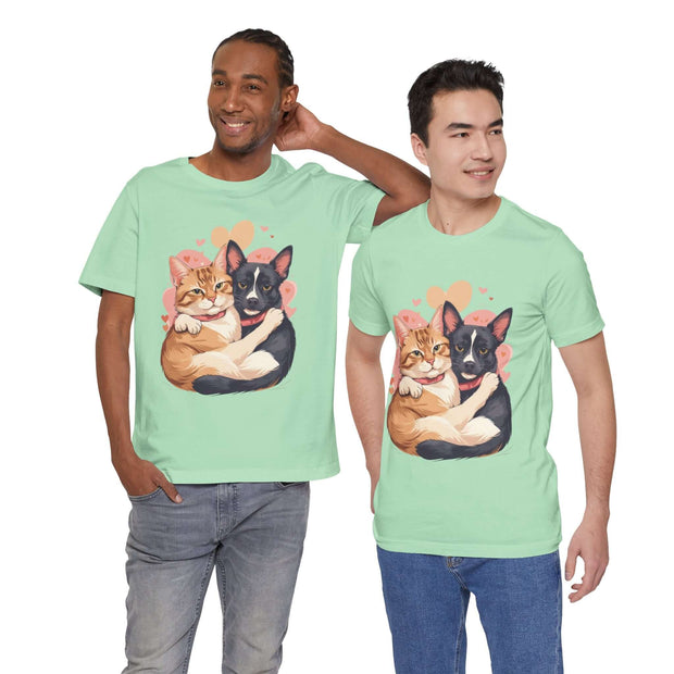Two young men wearing a cute Pet Lovers Tee featuring illustrated cats and dogs, perfect for animal enthusiasts.