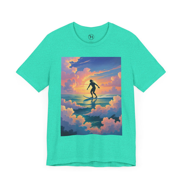 Surfing into the Sunset Tee, Surf Tee, Beach Vibes T-Shirt, Summer Apparel, Gift for Surfers, Adventure Wear