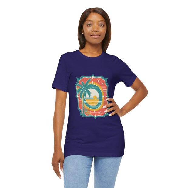 Retro Sunset Palm Tree Tee, Beach Vibes T-Shirt, Casual Summer Shirt, Perfect for Vacations, Gift for Beach Lovers