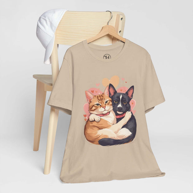 Pet Lovers Tee featuring cute illustration of a cat and dog hugging, perfect for animal enthusiasts.
