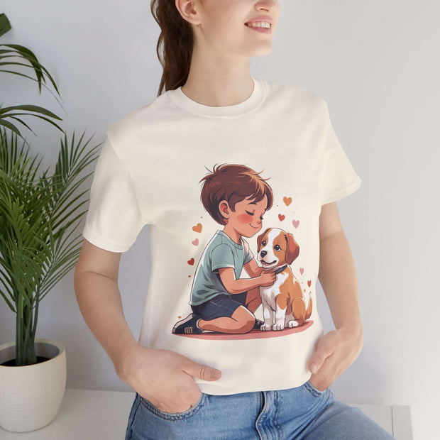 Kid & Puppy Love T-Shirt featuring a boy hugging a puppy with hearts, perfect for dog lovers and casual wear.