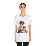 Kid wearing a Kid & Puppy Love T-Shirt, sharing a loving moment with a puppy, surrounded by hearts.