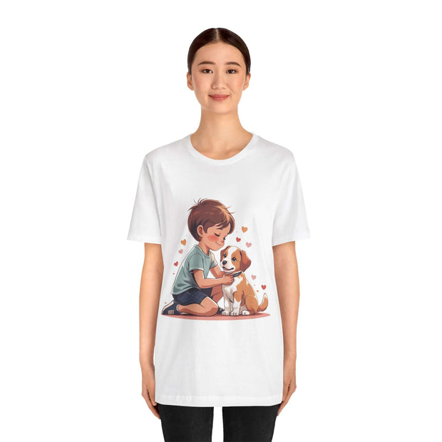 Kid wearing a Kid & Puppy Love T-Shirt, sharing a loving moment with a puppy, surrounded by hearts.