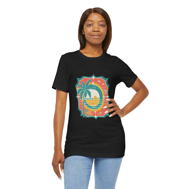 Retro Sunset Palm Tree Tee, Beach Vibes T-Shirt, Casual Summer Shirt, Perfect for Vacations, Gift for Beach Lovers