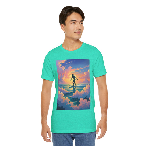 Surfing into the Sunset Tee, Surf Tee, Beach Vibes T-Shirt, Summer Apparel, Gift for Surfers, Adventure Wear