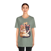 Cute pet lovers tee featuring a cat and dog illustration, perfect for casual wear and celebrating pets.