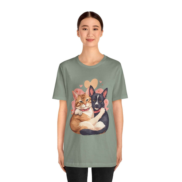 Cute pet lovers tee featuring a cat and dog illustration, perfect for casual wear and celebrating pets.