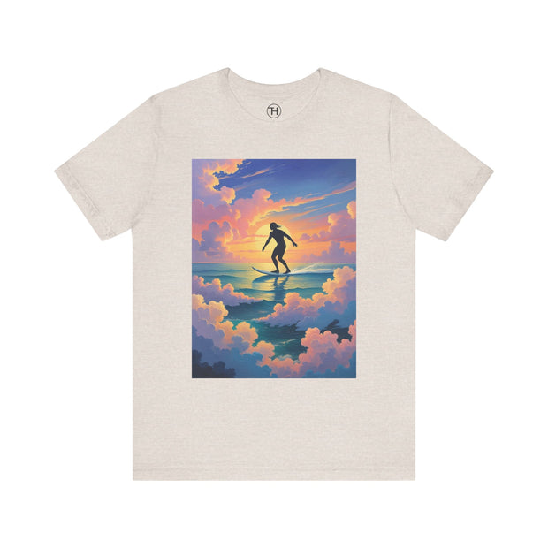 Surfing into the Sunset Tee, Surf Tee, Beach Vibes T-Shirt, Summer Apparel, Gift for Surfers, Adventure Wear