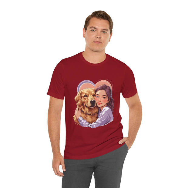Heartwarming dog lover tee featuring a woman hugging her golden retriever, perfect for pet parents.