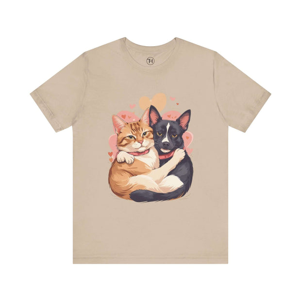 Pet Lovers Tee featuring a charming illustration of a cat and dog hugging, perfect for animal enthusiasts.
