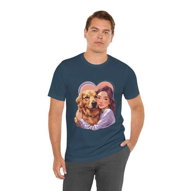 Heartwarming dog lover tee featuring a man with a golden retriever, perfect for pet enthusiasts and casual outings.