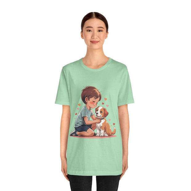 Kid & Puppy Love T-Shirt design featuring a boy hugging a puppy surrounded by hearts.