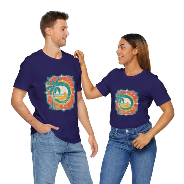 Retro Sunset Palm Tree Tee, Beach Vibes T-Shirt, Casual Summer Shirt, Perfect for Vacations, Gift for Beach Lovers
