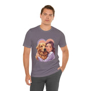 Heartwarming dog lover tee featuring a man with a golden retriever hugging a woman, perfect for pet enthusiasts.