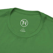 Close-up of green unisex jersey short sleeve tee collar, perfect for dog lovers and casual wear.