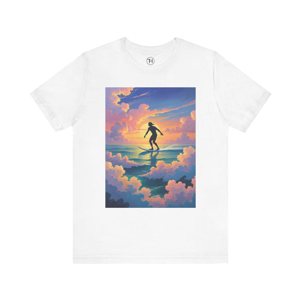 Surfing into the Sunset Tee, Surf Tee, Beach Vibes T-Shirt, Summer Apparel, Gift for Surfers, Adventure Wear