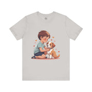 Kid & Puppy Love T-Shirt featuring a boy cuddling a puppy with hearts, perfect for dog lovers and cozy casual wear.