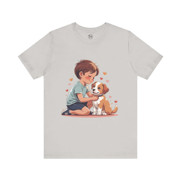 Kid & Puppy Love T-Shirt featuring a boy cuddling a puppy with hearts, perfect for dog lovers and cozy casual wear.