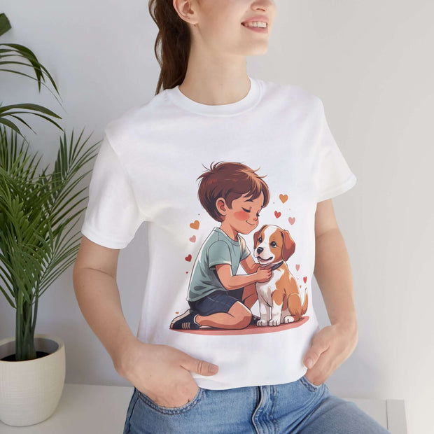 Kid in a white t-shirt cuddles a puppy with hearts, showcasing a cozy and adorable design for dog lovers.