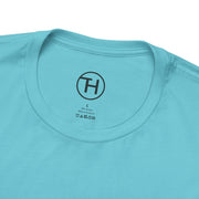 Kid & Puppy Love T-Shirt collar detail in light blue cotton fabric, perfect for casual wear and dog lovers.