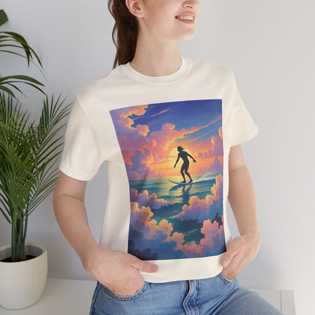 Surfing into the Sunset Tee, Surf Tee, Beach Vibes T-Shirt, Summer Apparel, Gift for Surfers, Adventure Wear