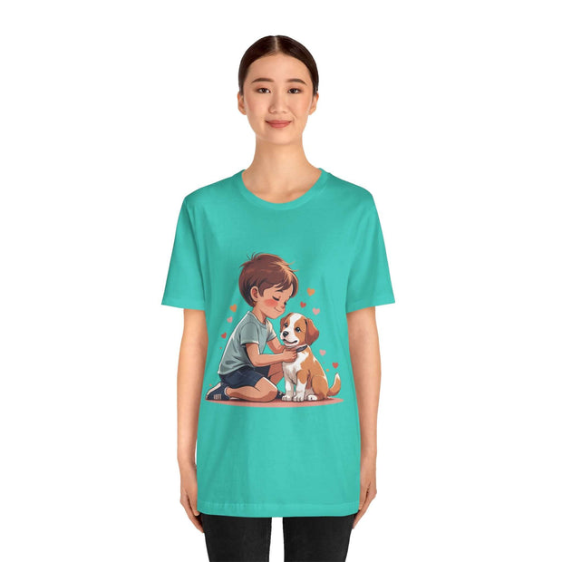 Cute Kid & Puppy Love T-Shirt featuring a child hugging a puppy with hearts, perfect for dog lovers and casual wear.