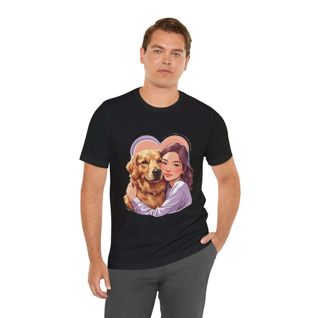 Heartwarming dog lover tee featuring a man hugging a golden retriever design, perfect for pet parents.