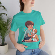 Kid wearing a teal 'Kid & Puppy Love' T-shirt while cuddling a puppy, surrounded by hearts.