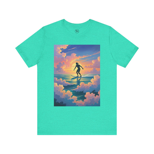 Surfing into the Sunset Tee, Surf Tee, Beach Vibes T-Shirt, Summer Apparel, Gift for Surfers, Adventure Wear